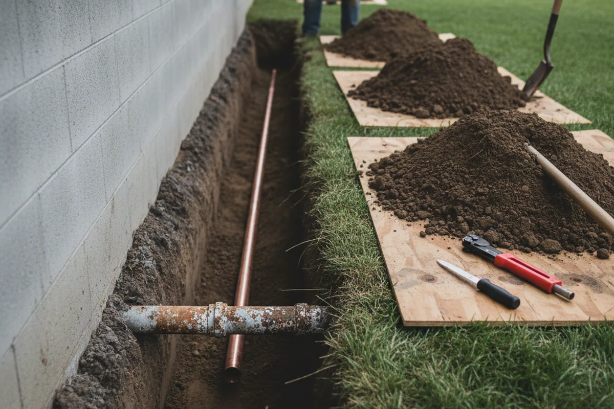Excavated water line trench during Water Softener Installation in Garden Valley
